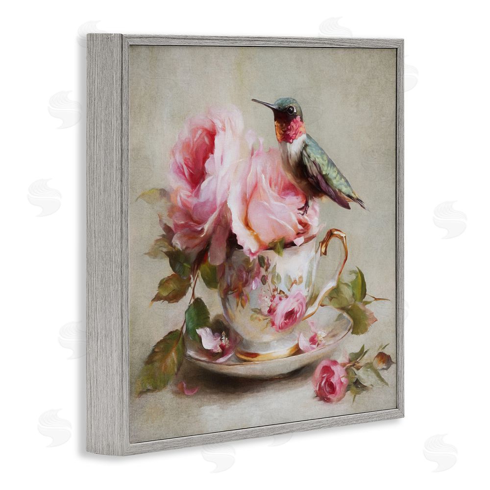 Tina LeCour Hummingbird & Tea Cup Gray Framed Giclee Wall Art Print
