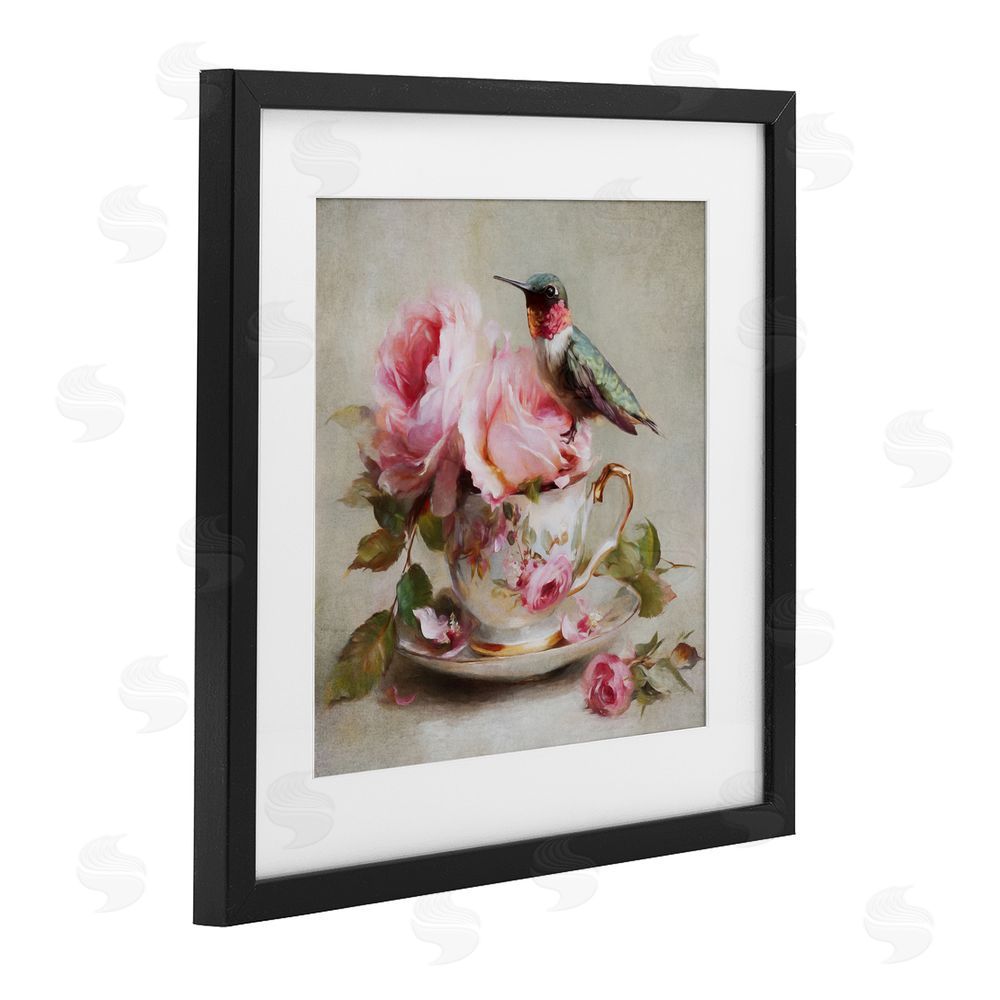 Tina LeCour Hummingbird & Tea Cup Black Framed Print Under Glass with Mat Wall Art