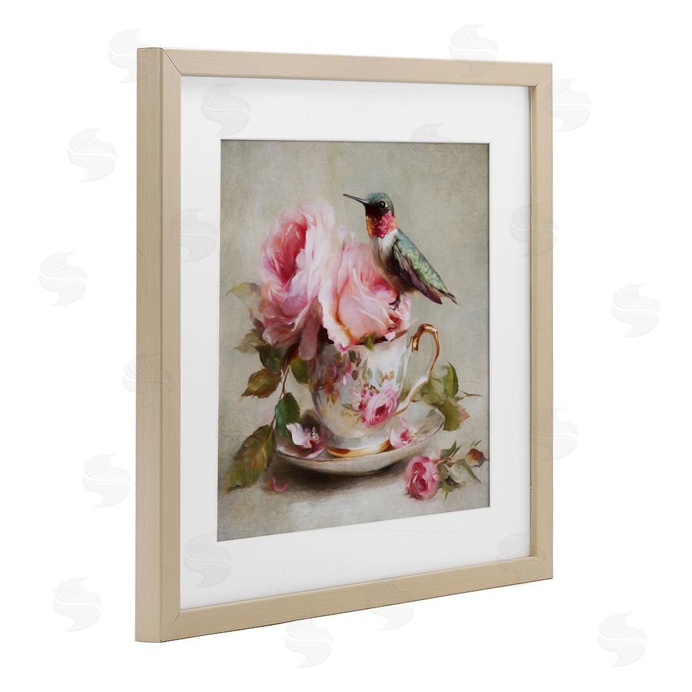Tina LeCour Hummingbird & Tea Cup Brown Framed Print Under Glass with Mat Wall Art