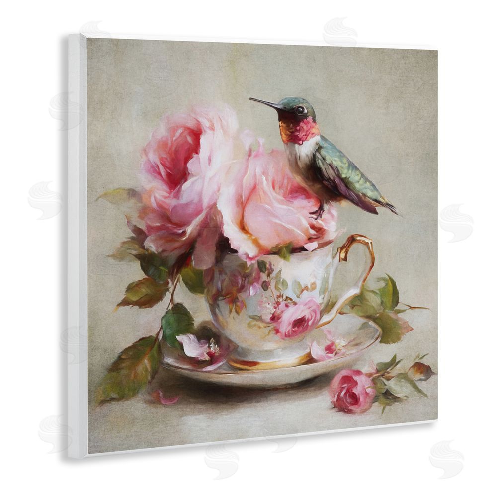 Tina LeCour Hummingbird & Tea Cup Wooden Wall Plaque Art Print