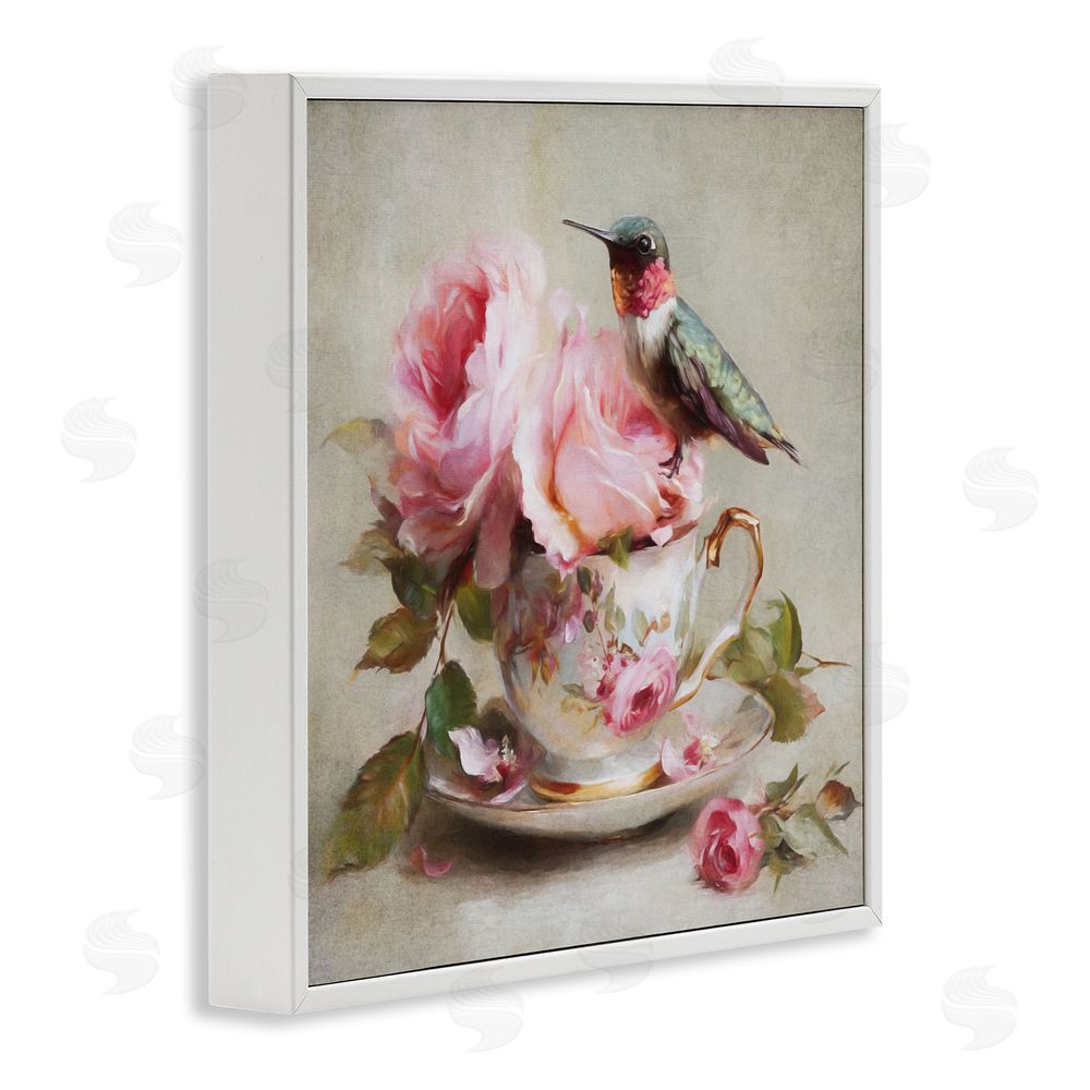 Tina LeCour Hummingbird & Tea Cup White Framed Giclee Wall Art Print