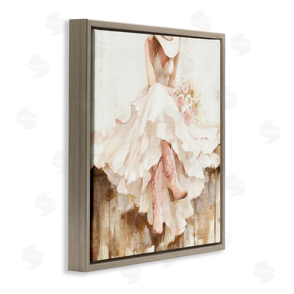 Tina LeCour Cowgirl On The Fence Brown Floating Frame Wall Art Print
