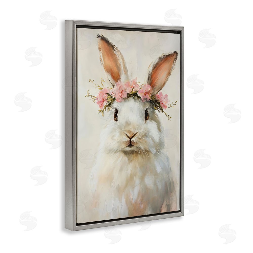 Tina LeCour Bunnykins with Pink Crown Gray Floating Frame Canvas Wall Art Print