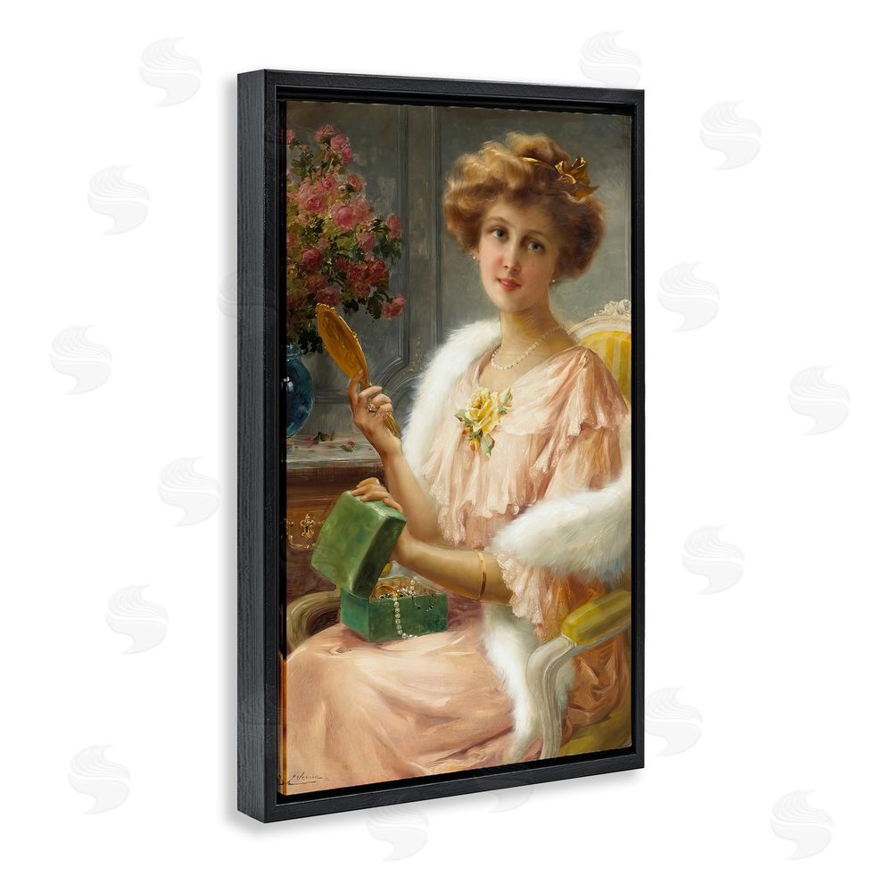 Tina LeCour Young Lady with Mirror Black Floating Frame Canvas Wall Art Print