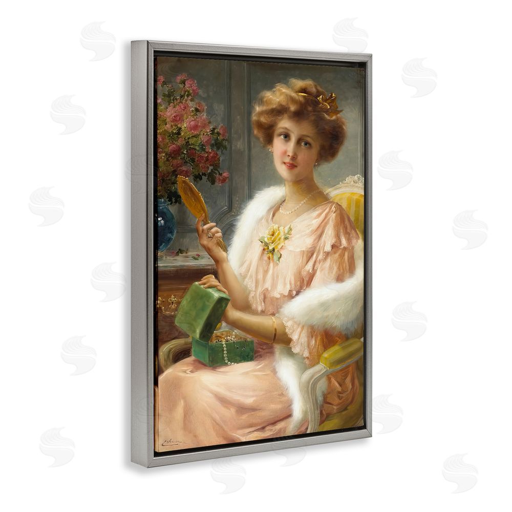Tina LeCour Young Lady with Mirror Gray Floating Frame Canvas Wall Art Print