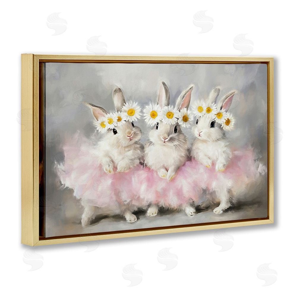 Tina LeCour Dancing Bunnies in Tutus Gold Floating Frame Wall Art Print