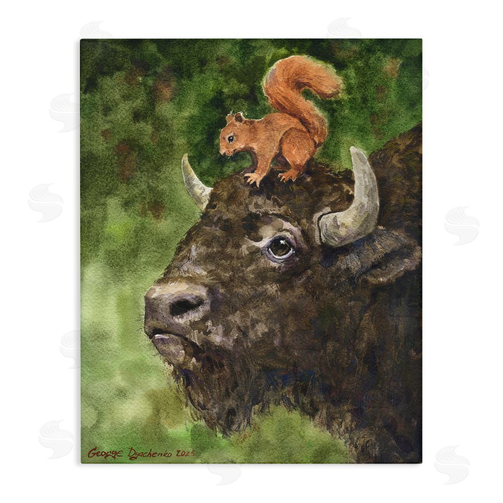 George Dyachenko Bison & Squirrel Duo Stretched Canvas Wall Art Print