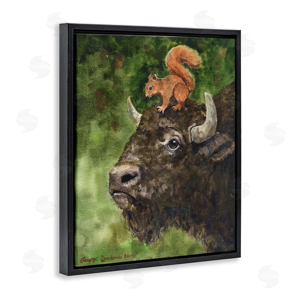 George Dyachenko Bison & Squirrel Duo Black Floating Frame Canvas Wall Art Print