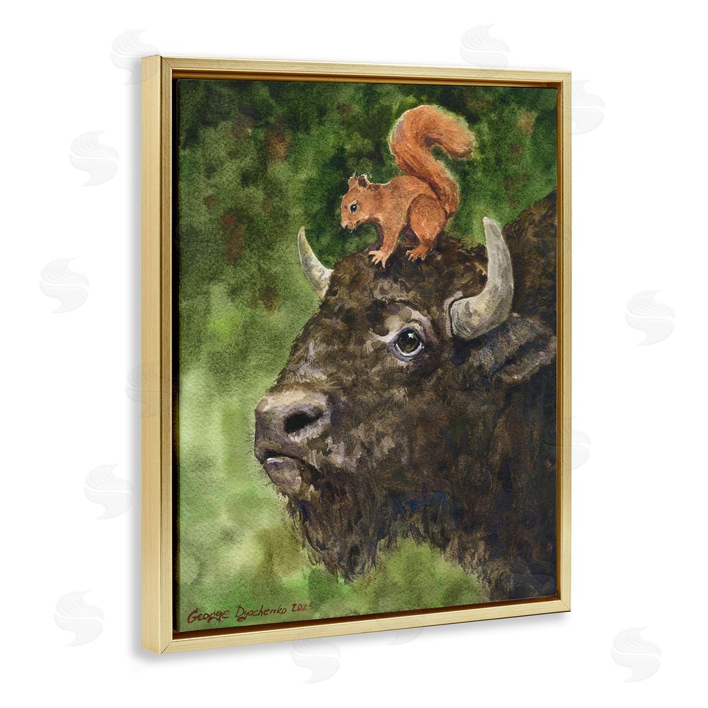 George Dyachenko Bison & Squirrel Duo Gold Floating Frame Canvas Wall Art Print