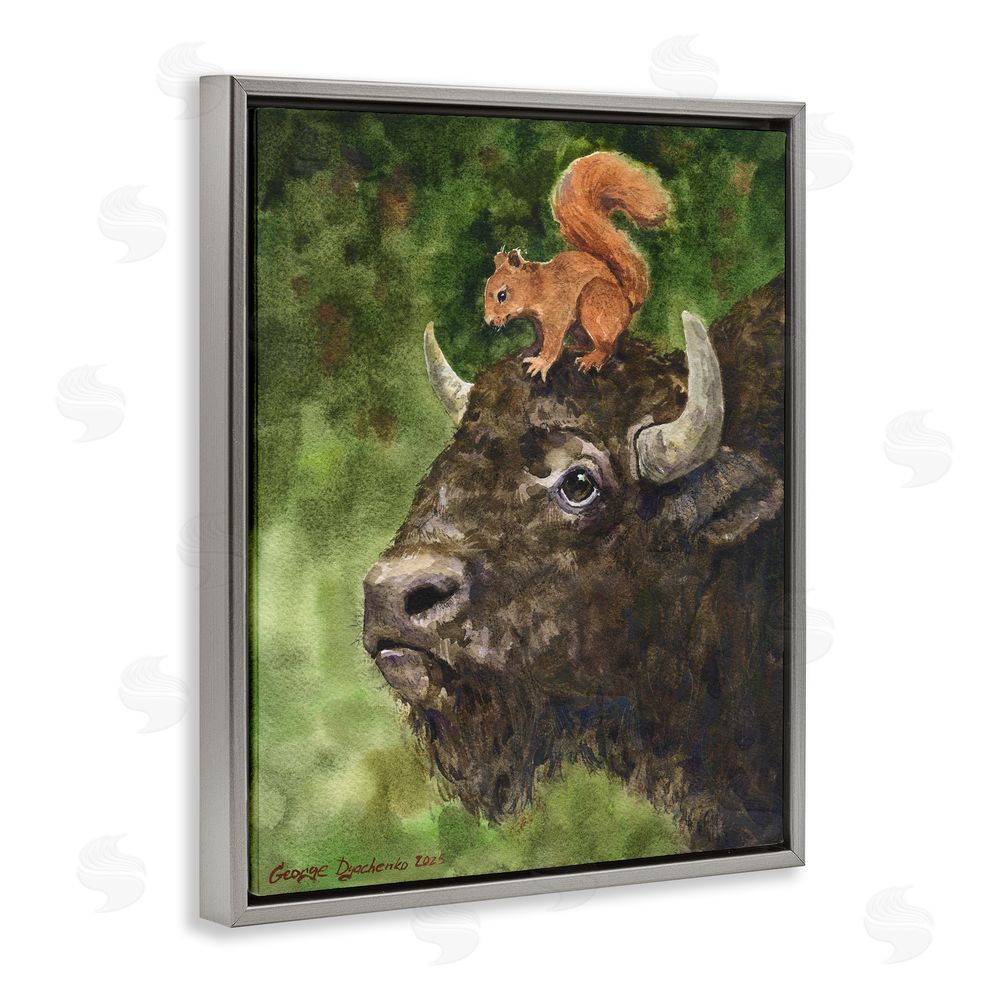George Dyachenko Bison & Squirrel Duo Gray Floating Frame Canvas Wall Art Print