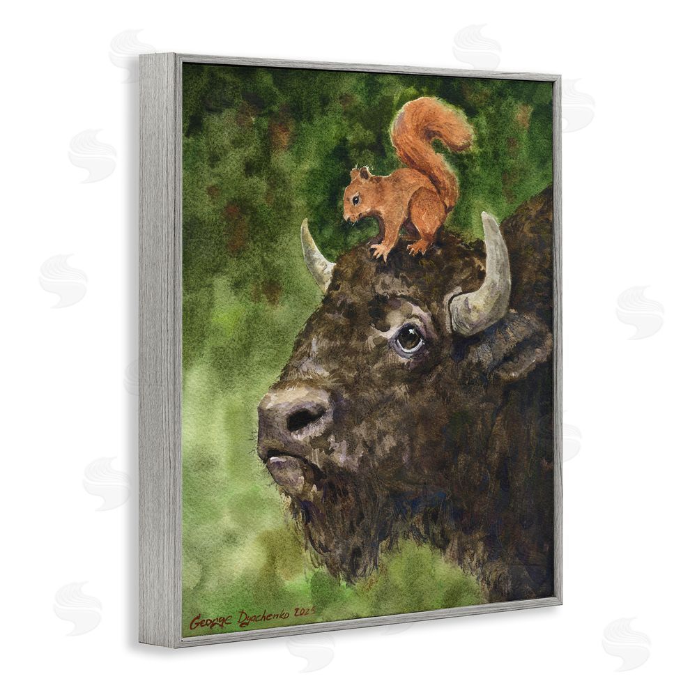 George Dyachenko Bison & Squirrel Duo Gray Framed Giclee Wall Art Print