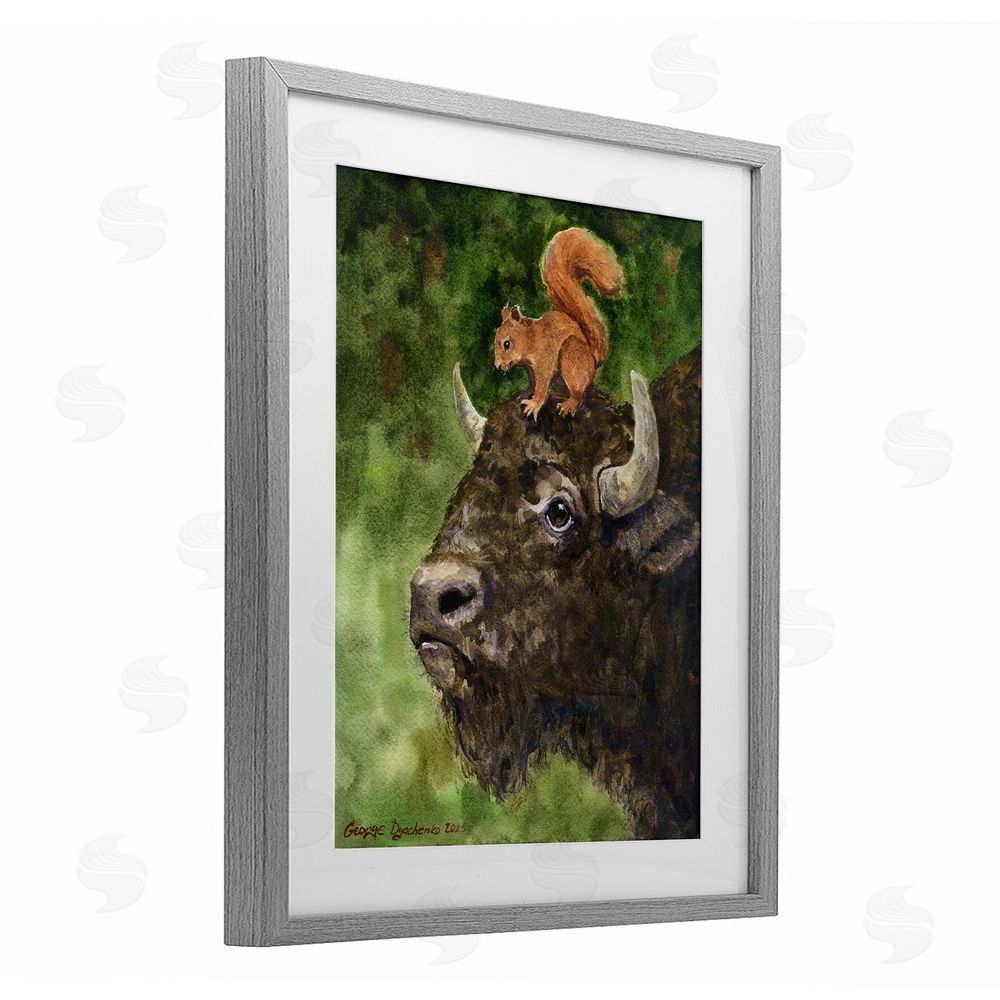 George Dyachenko Bison & Squirrel Duo Gray Framed Print Under Glass Wall Art