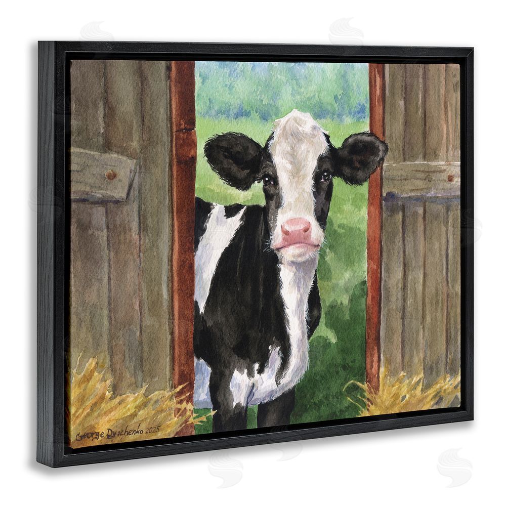 George Dyachenko Cow in Wooden Gate Black Floating Frame Canvas Wall Art Print
