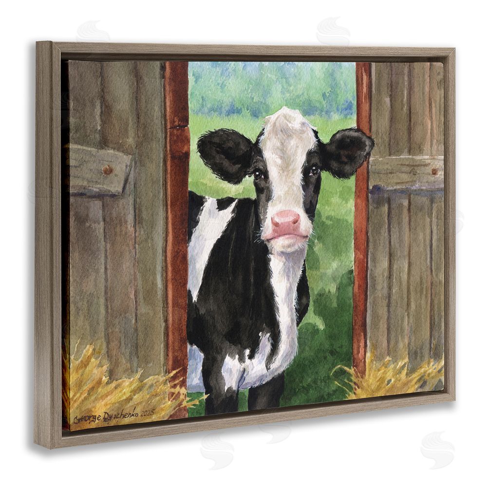 George Dyachenko Cow in Wooden Gate Brown Floating Frame Canvas Wall Art Print