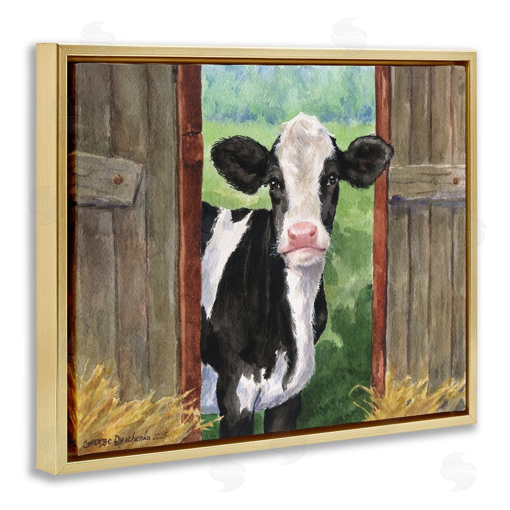 George Dyachenko Cow in Wooden Gate Gold Floating Frame Canvas Wall Art Print