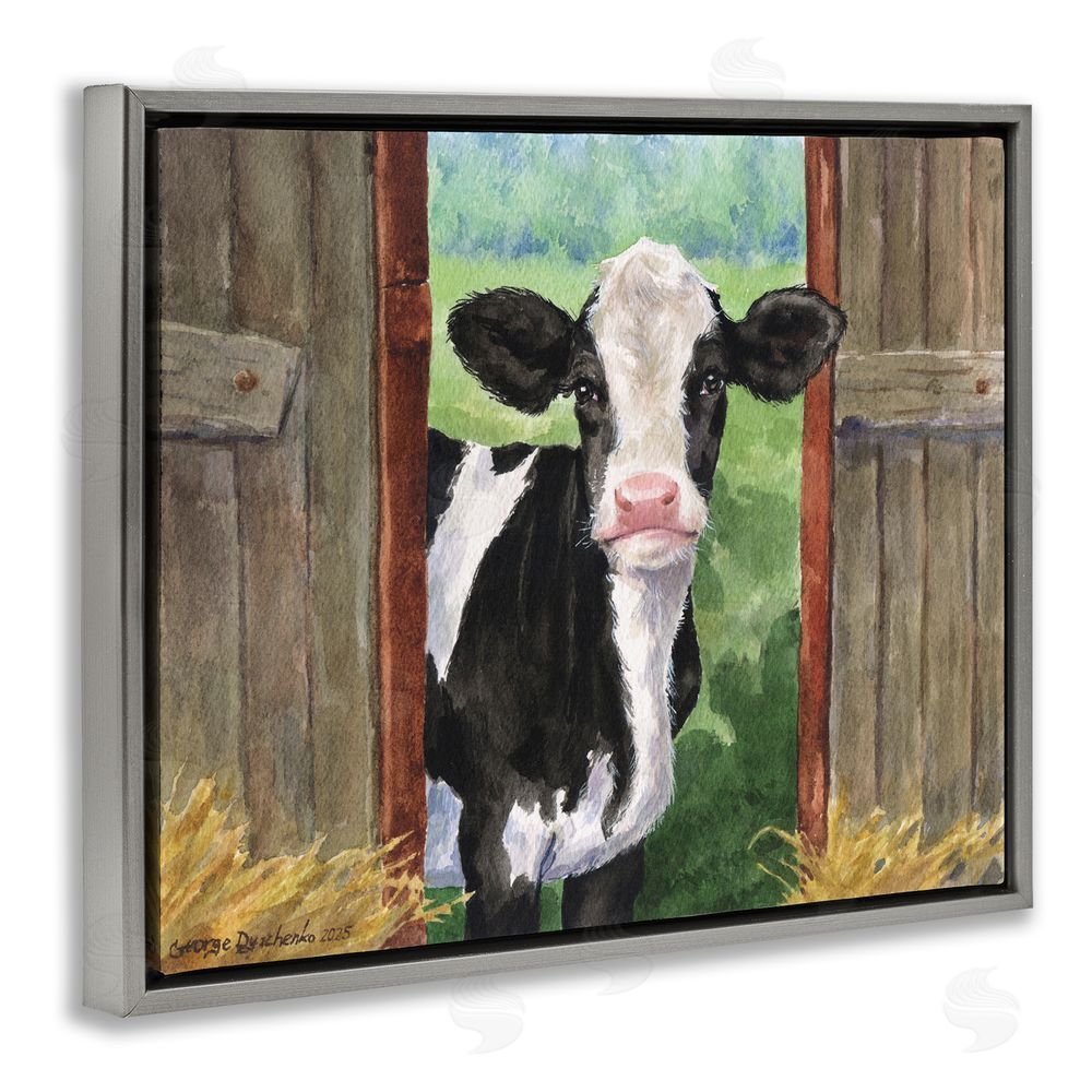 George Dyachenko Cow in Wooden Gate Gray Floating Frame Canvas Wall Art Print