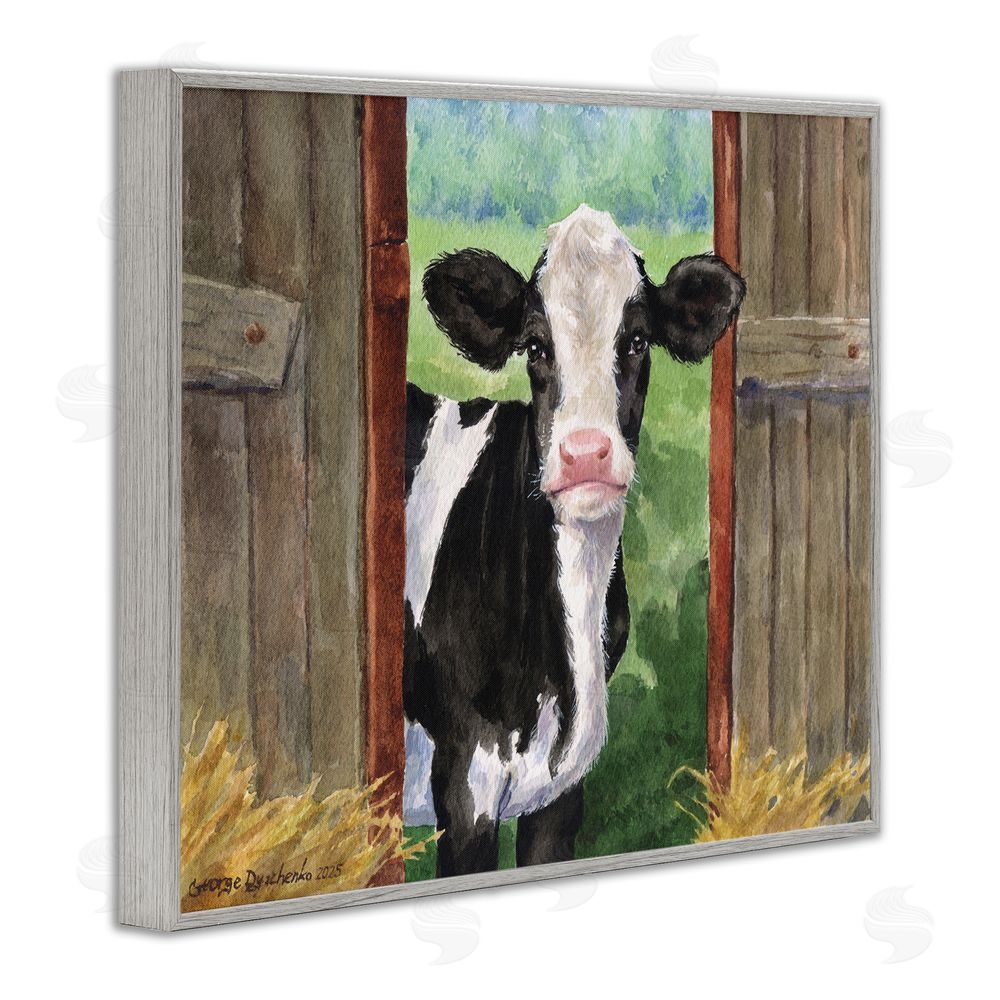 George Dyachenko Cow in Wooden Gate Gray Framed Giclee Wall Art Print