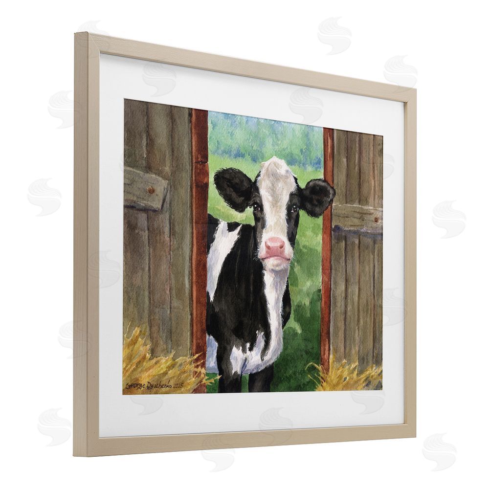 George Dyachenko Cow in Wooden Gate Birch Framed Print Under Glass Wall Art
