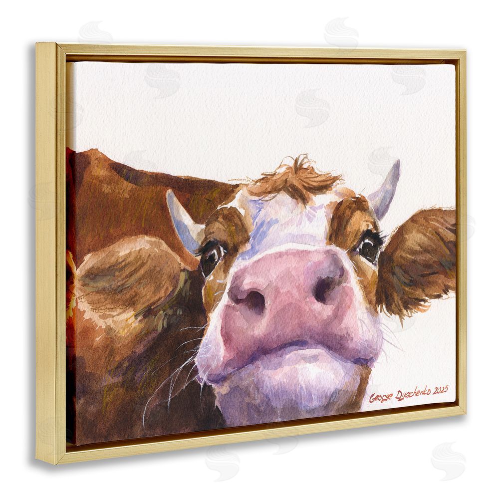 George Dyachenko Cute Cow Close Up Gold Floating Frame Wall Art Print
