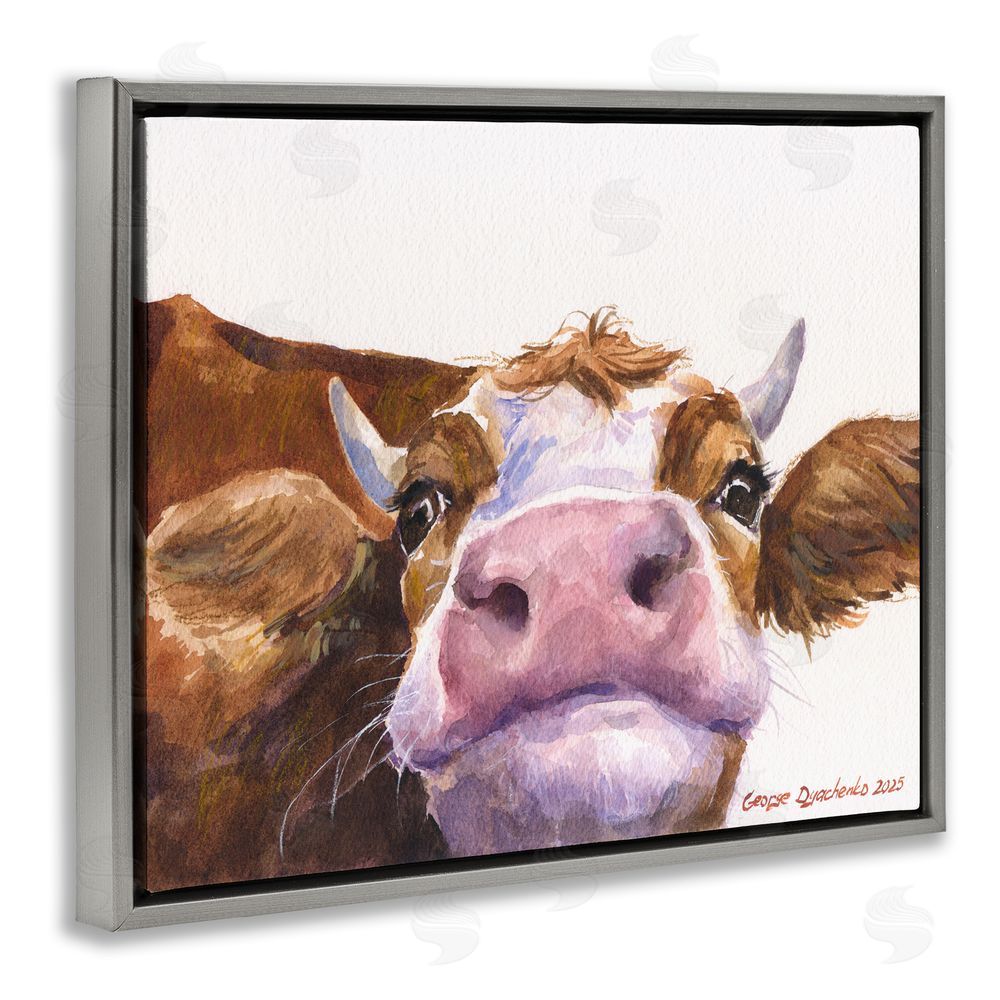 George Dyachenko Cute Cow Close Up Gray Floating Frame Wall Art Print
