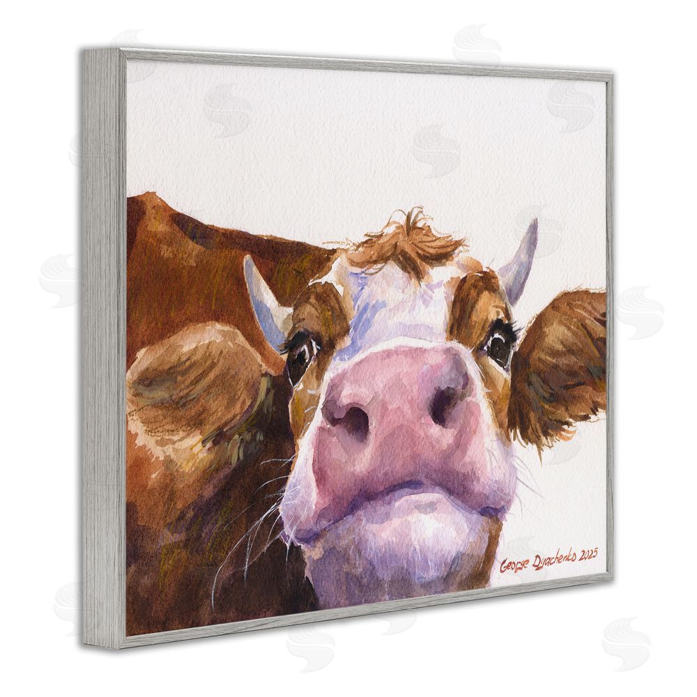 George Dyachenko Cute Cow Close Up Gray Framed Giclee Wall Art Print