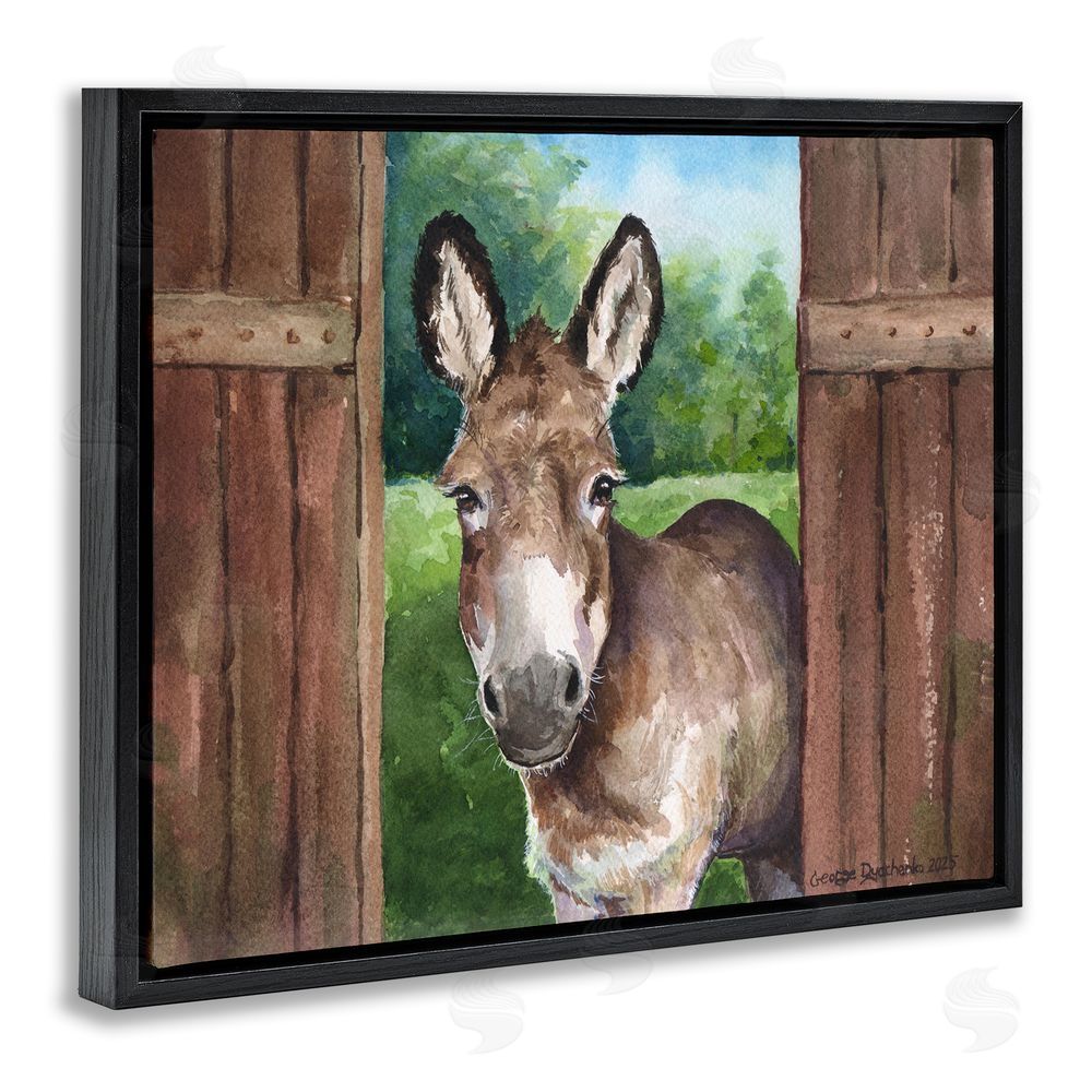 George Dyachenko Donkey in Wooden Gate Black Floating Frame Canvas Wall Art
