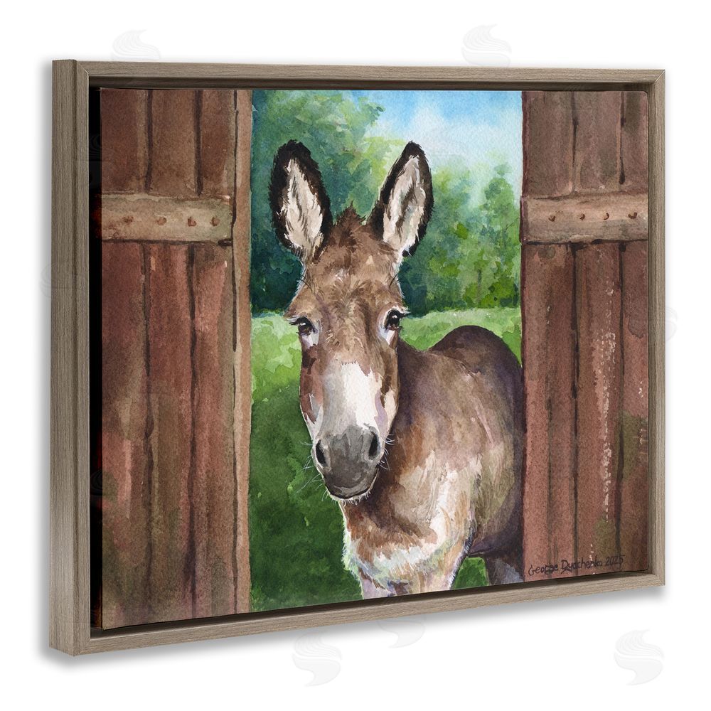 George Dyachenko Donkey in Wooden Gate Brown Floating Frame Canvas Wall Art