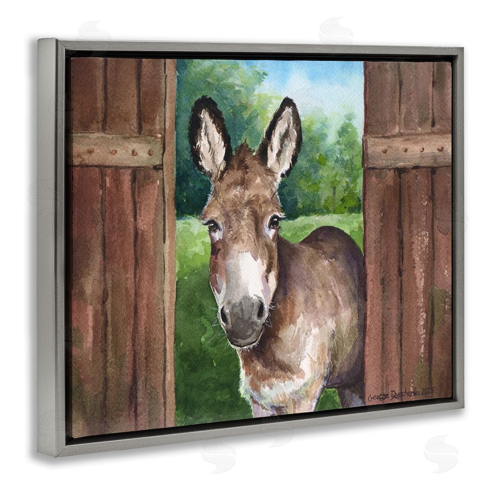 George Dyachenko Donkey in Wooden Gate Gray Floating Frame Canvas Wall Art