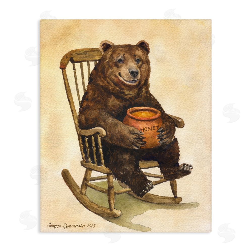 George Dyachenko Happy Bear & Pot of Honey Stretched Canvas Wall Art Print