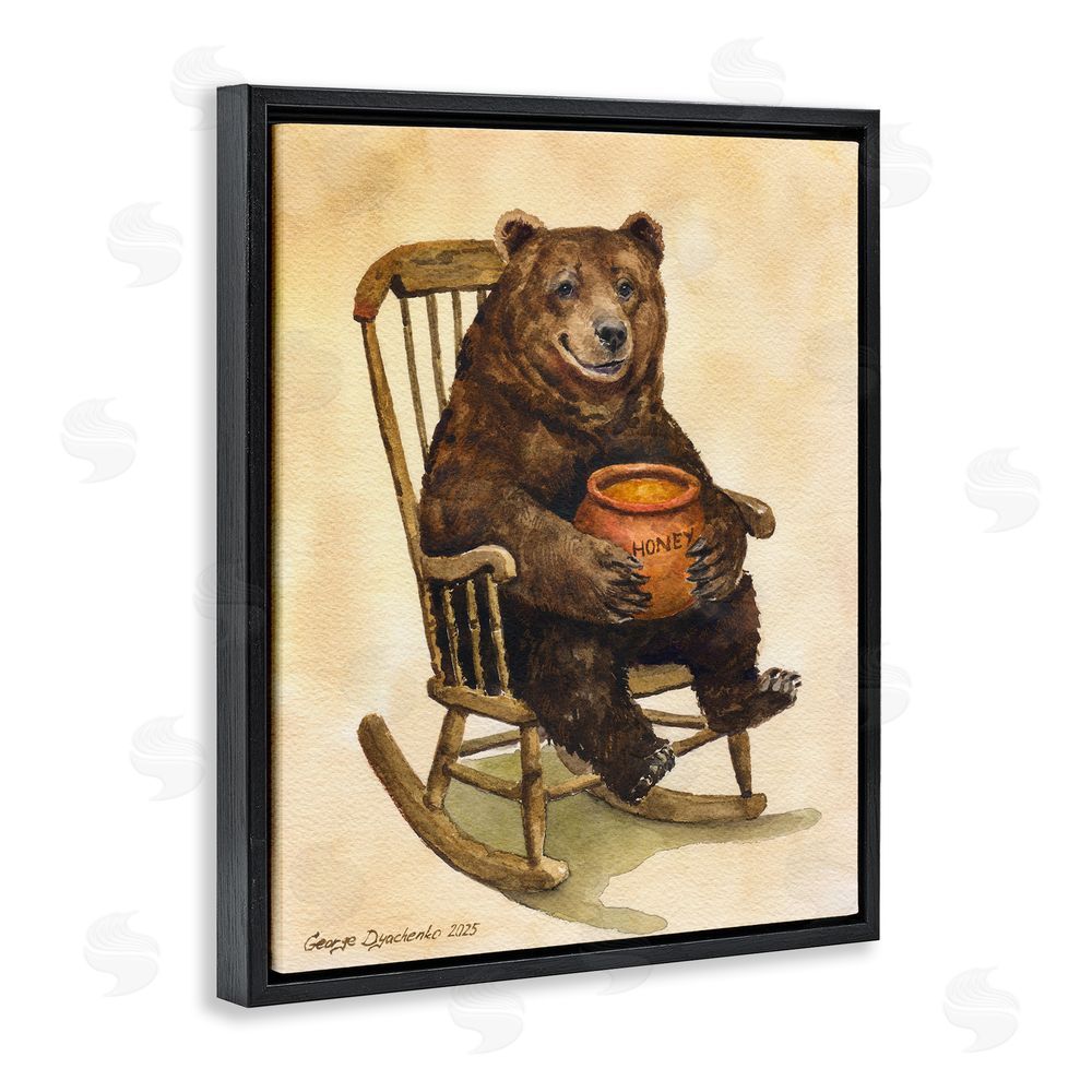 George Dyachenko Happy Bear & Pot of Honey Black Floating Frame Canvas Wall Art Print