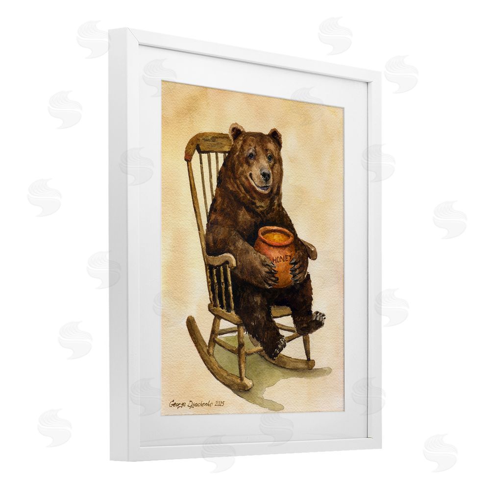 George Dyachenko Happy Bear & Pot of Honey White Framed Print Under Glass Wall Art