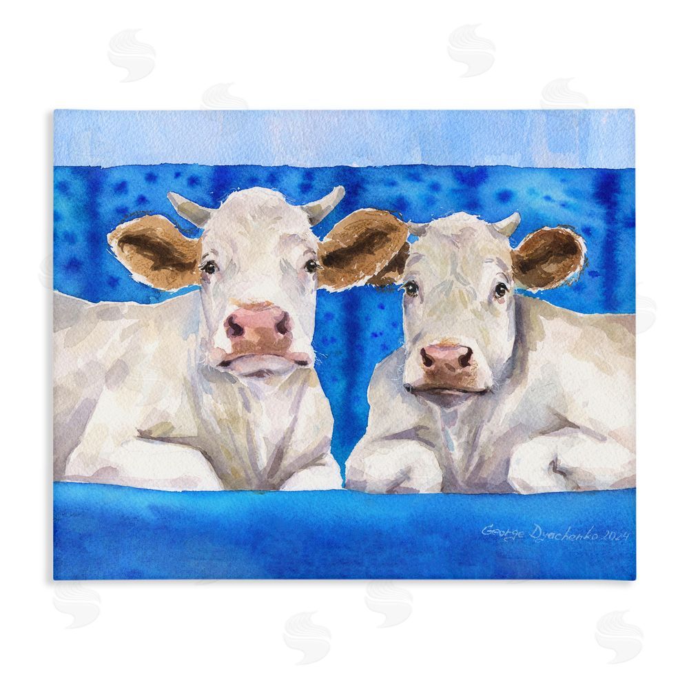 George Dyachenko White Cows on Blue Sofa Stretched Canvas Wall Art Print