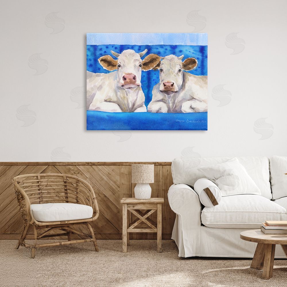 George Dyachenko White Cows on Blue Sofa Stretched Canvas Wall Art Print in Room