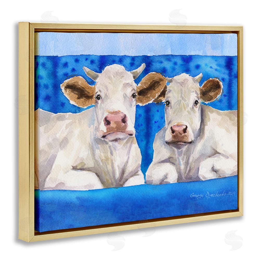 George Dyachenko White Cows on Blue Sofa Gold Floating Frame Canvas Wall Art Print