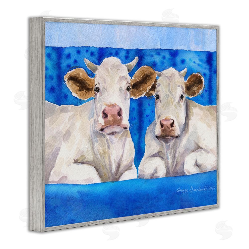 George Dyachenko White Cows on Blue Sofa Gray Framed Giclee Wall Art Print