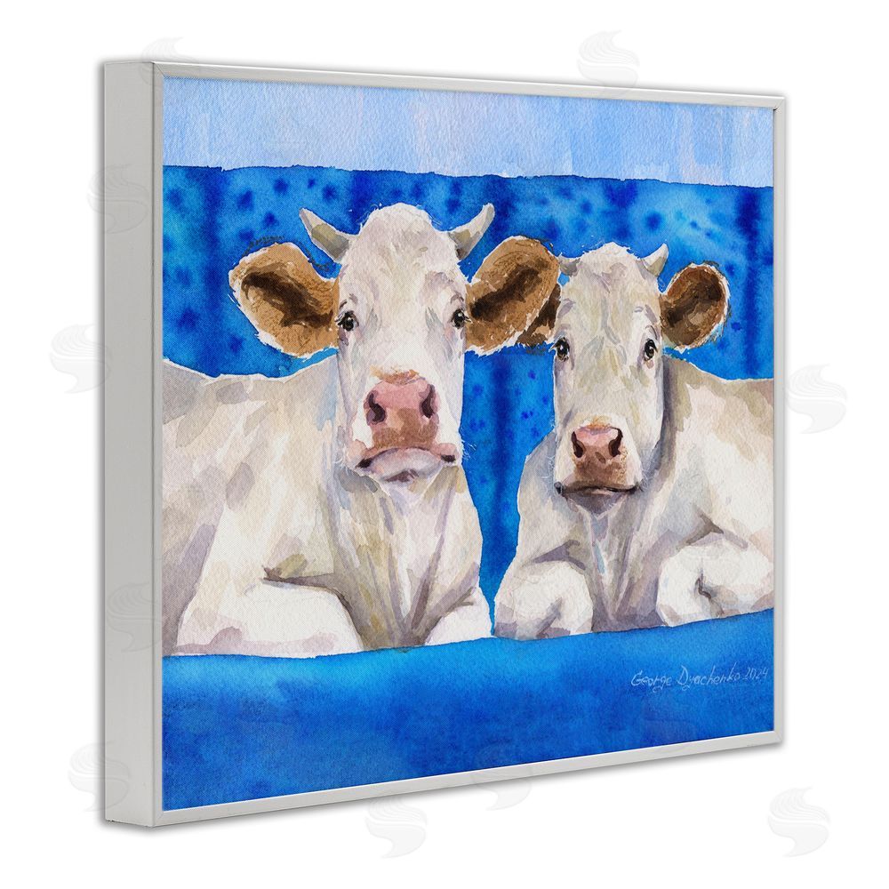 George Dyachenko White Cows on Blue Sofa White Framed Giclee Wall Art Print