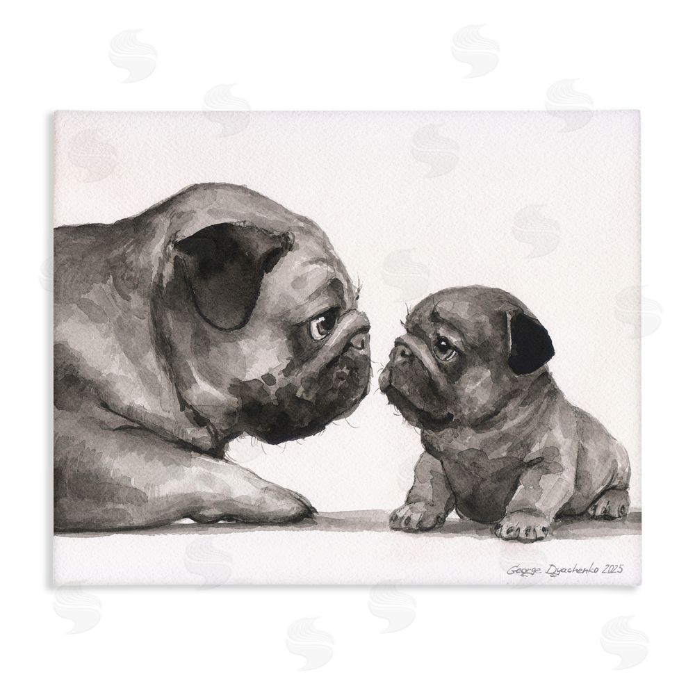 George Dyachenko Pug And Her Puppy Stretched Canvas Wall Art Print