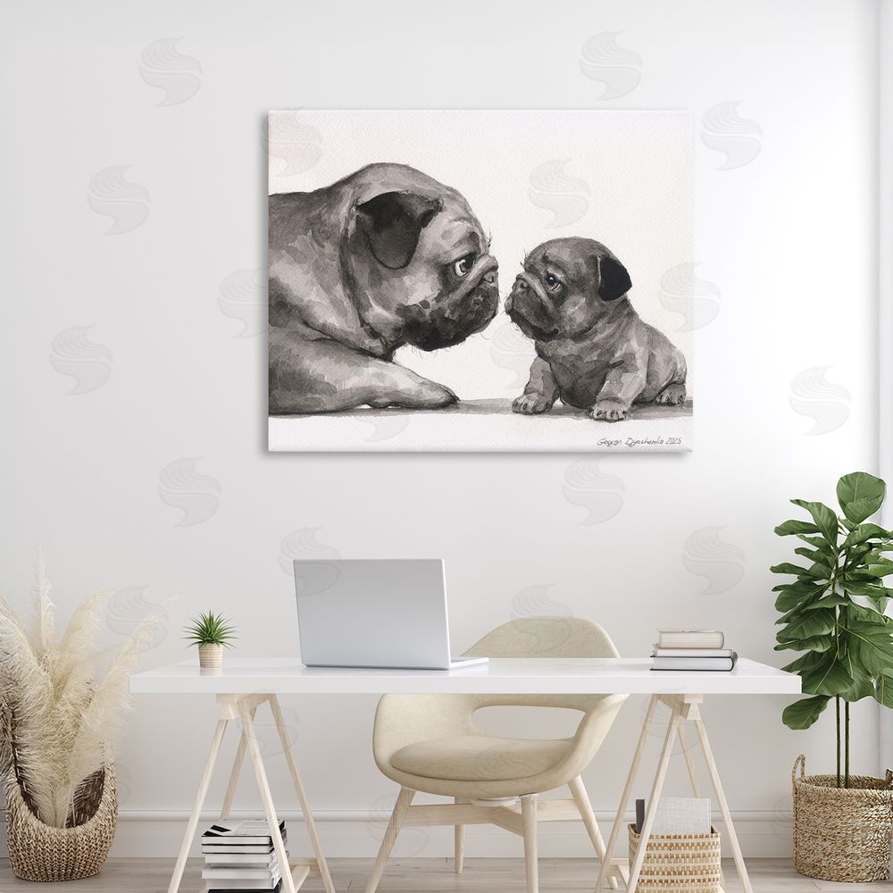 George Dyachenko Pug And Her Puppy Stretched Canvas Wall Art Print in Room