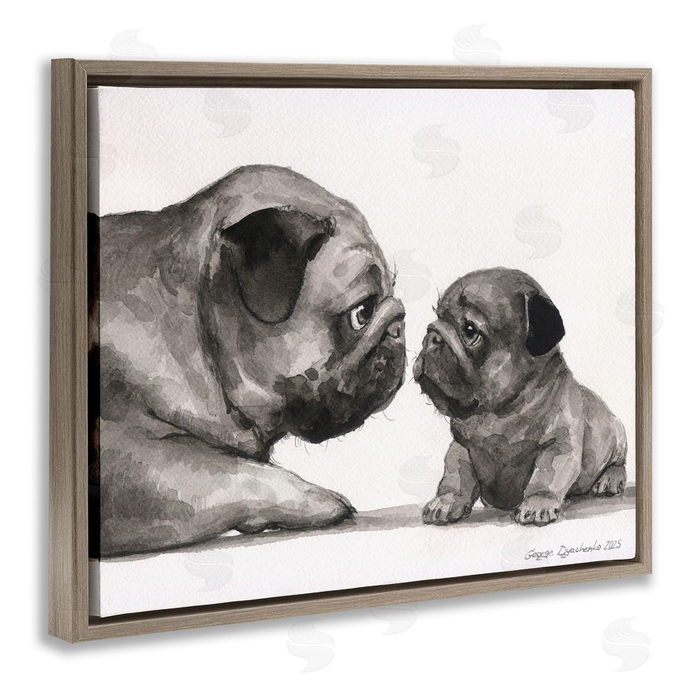 George Dyachenko Pug And Her Puppy Brown Floating Frame Canvas Wall Art Print
