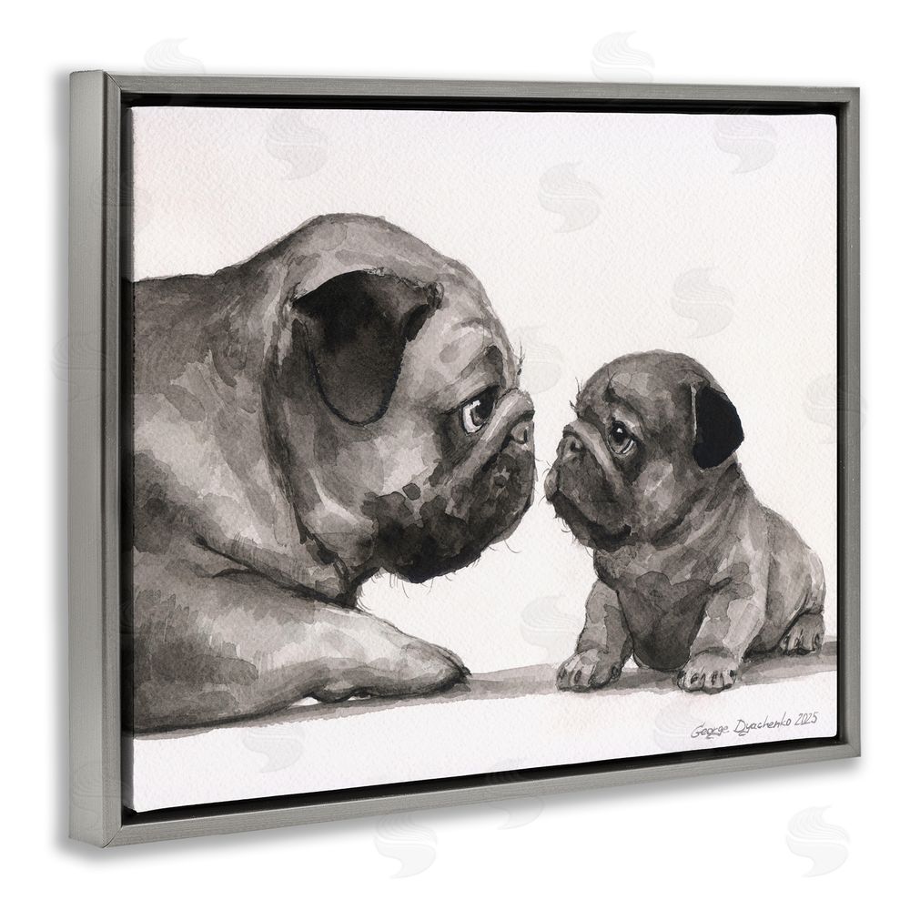 George Dyachenko Pug And Her Puppy Gray Floating Frame Canvas Wall Art Print