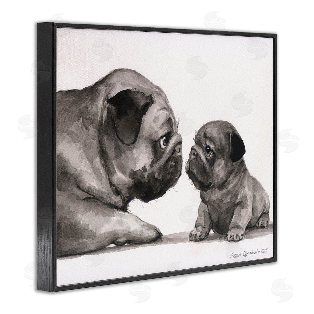 George Dyachenko Pug And Her Puppy Black Framed Giclee Wall Art Print