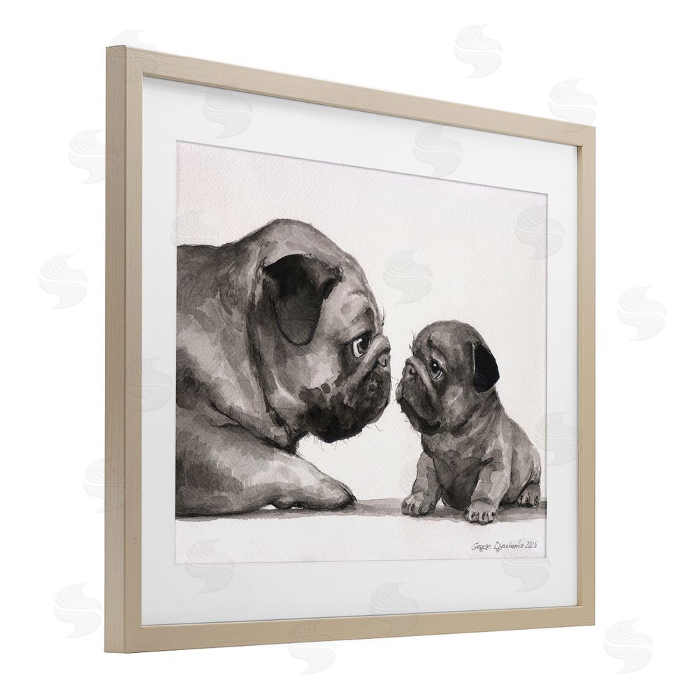 George Dyachenko Pug And Her Puppy Brown Framed Print Under Glass Wall Art