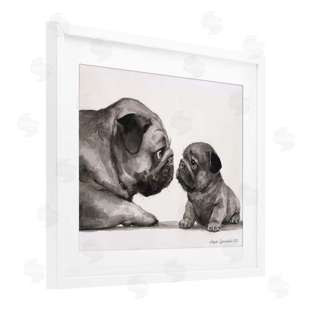 George Dyachenko Pug And Her Puppy White Framed Print Under Glass Wall Art