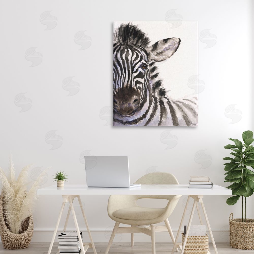 George Dyachenko Zebra Portrait on White Stretched Canvas Wall Art Print in Room
