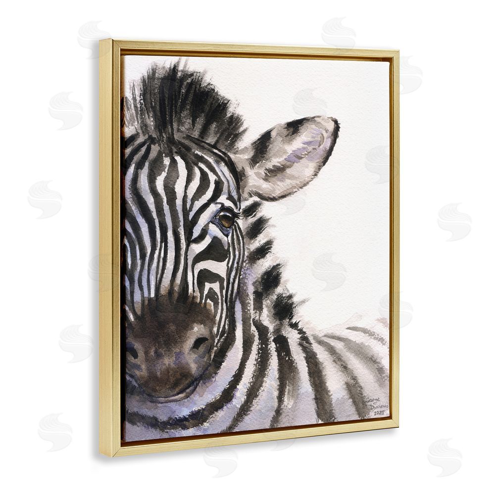 George Dyachenko Zebra Portrait on White Gold Floating Frame Stretched Canvas Wall Art Print