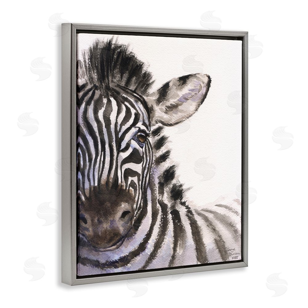 George Dyachenko Zebra Portrait on White Gray Floating Frame Stretched Canvas Wall Art Print