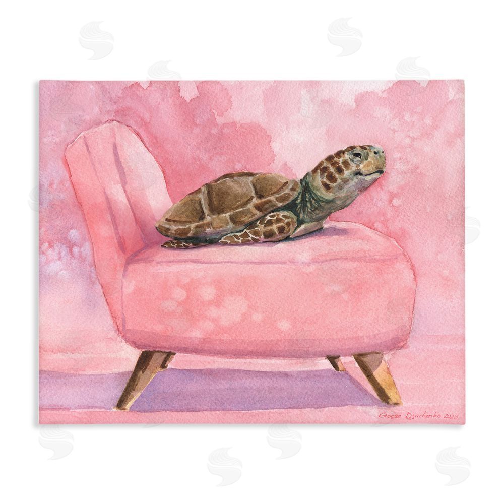 George Dyachenko Happy Turtle on Pink Chair Stretched Canvas Wall Art