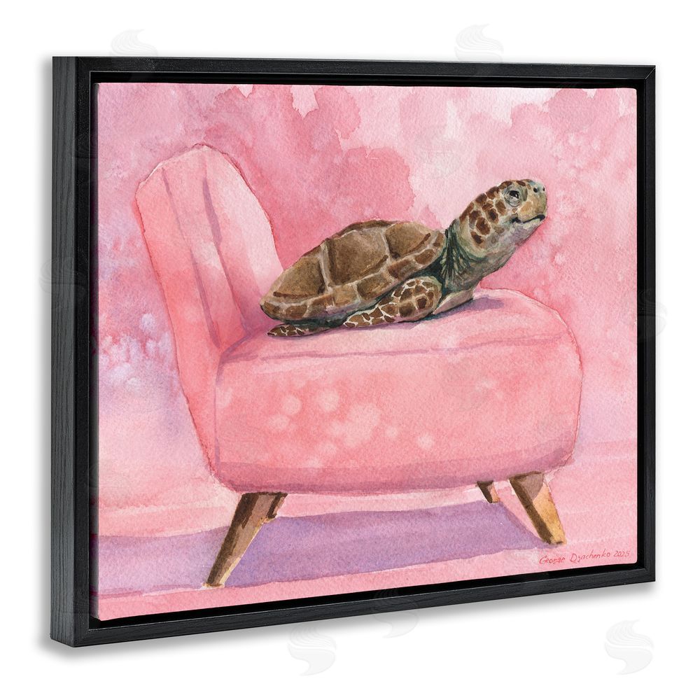 George Dyachenko Happy Turtle on Pink Chair Black Floating Frame Canvas Wall Art