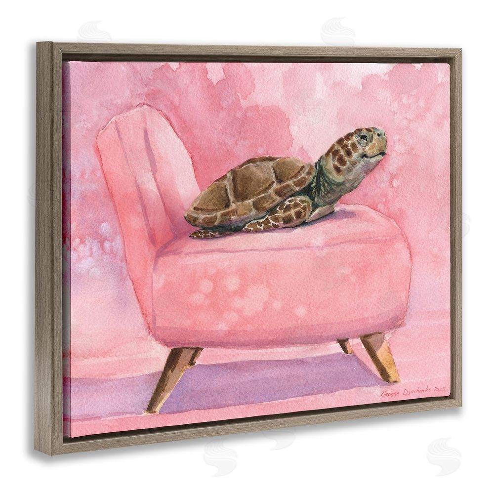 George Dyachenko Happy Turtle on Pink Chair Brown Floating Frame Canvas Wall Art