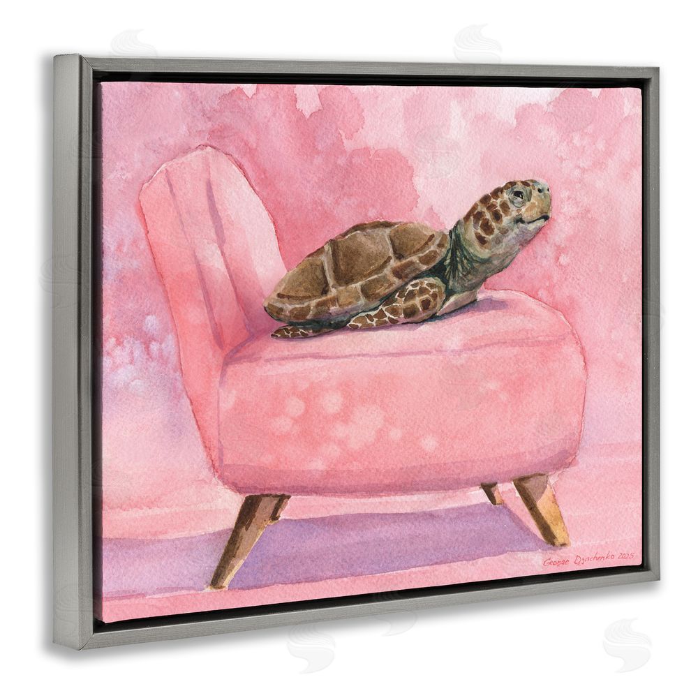 George Dyachenko Happy Turtle on Pink Chair Gray Floating Frame Canvas Wall Art